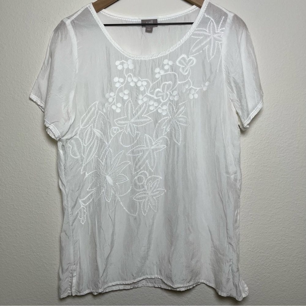 J. Jill Women Embroidered Top Small White Short Sleeve‎ Sheer Lagenlook Summer